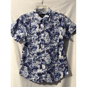 Wildfang Essential SS Button Up Shirt XS Blue Marble Print Cotton NWT